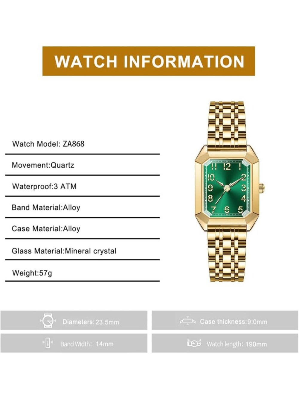 Women's Gold Green Adjustable Alloy Bracelet Vintage Arabic Numeral Dial Watch - Picture 3 of 6
